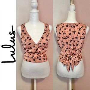 Lulu’s Peachy Satin Floral Smocked Back Tie Top